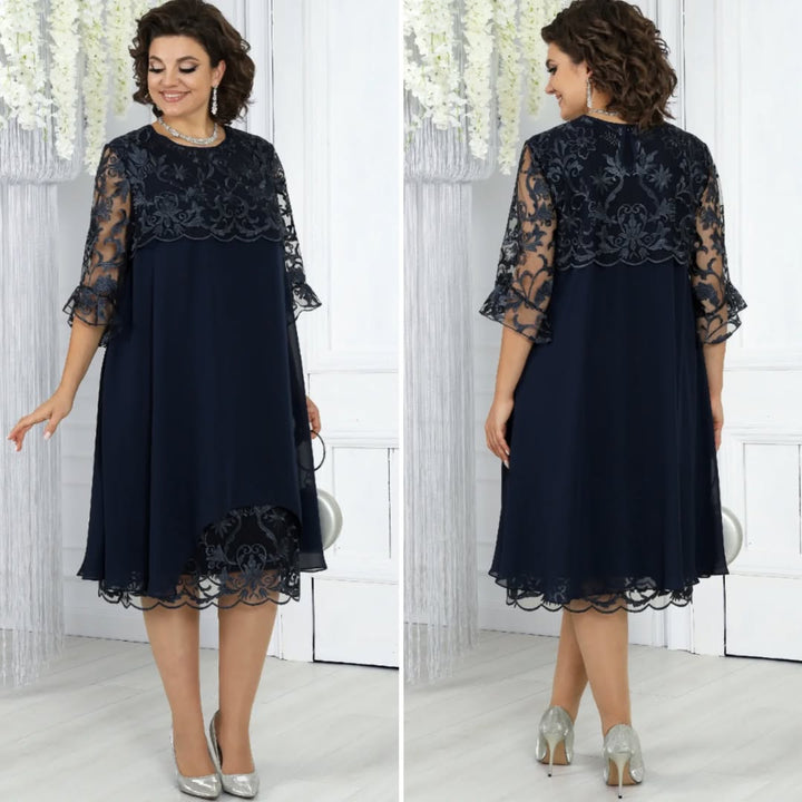 LIVIA | Women’s Embroidered Patchwork Chiffon Dress Round Neckline